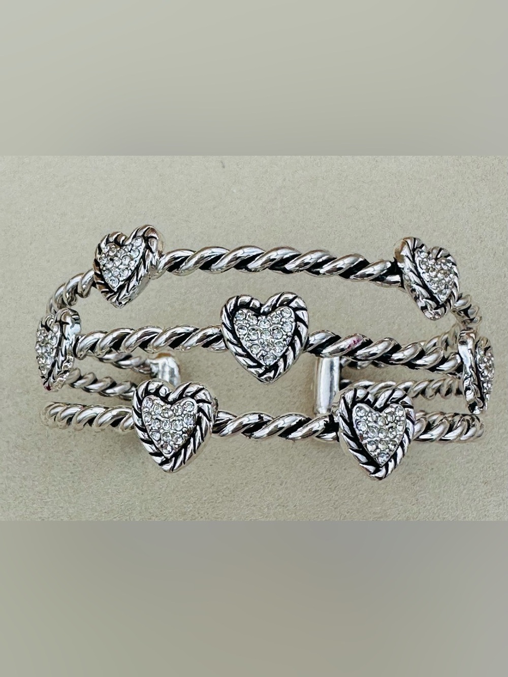 Silver Heart Pavé with Rhinestone Crystal Triple-Cuff Bracelet